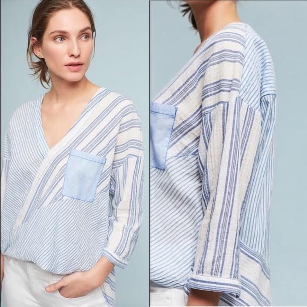 Anthropologie Holding Horses blue white striped cotton crossover wrap blouse XS